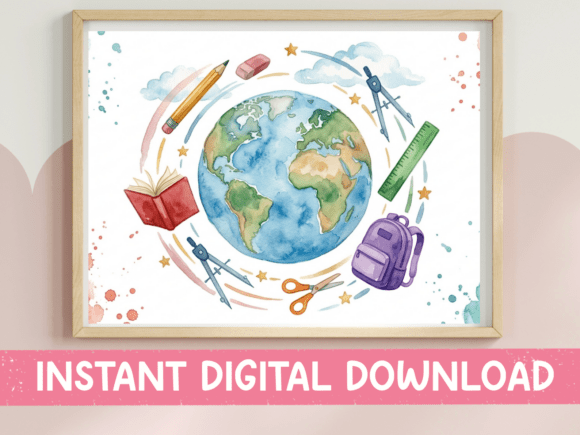 World Globe School Watercolor Design: A Versatile Graphic for T-Shirt and Branding Projects
